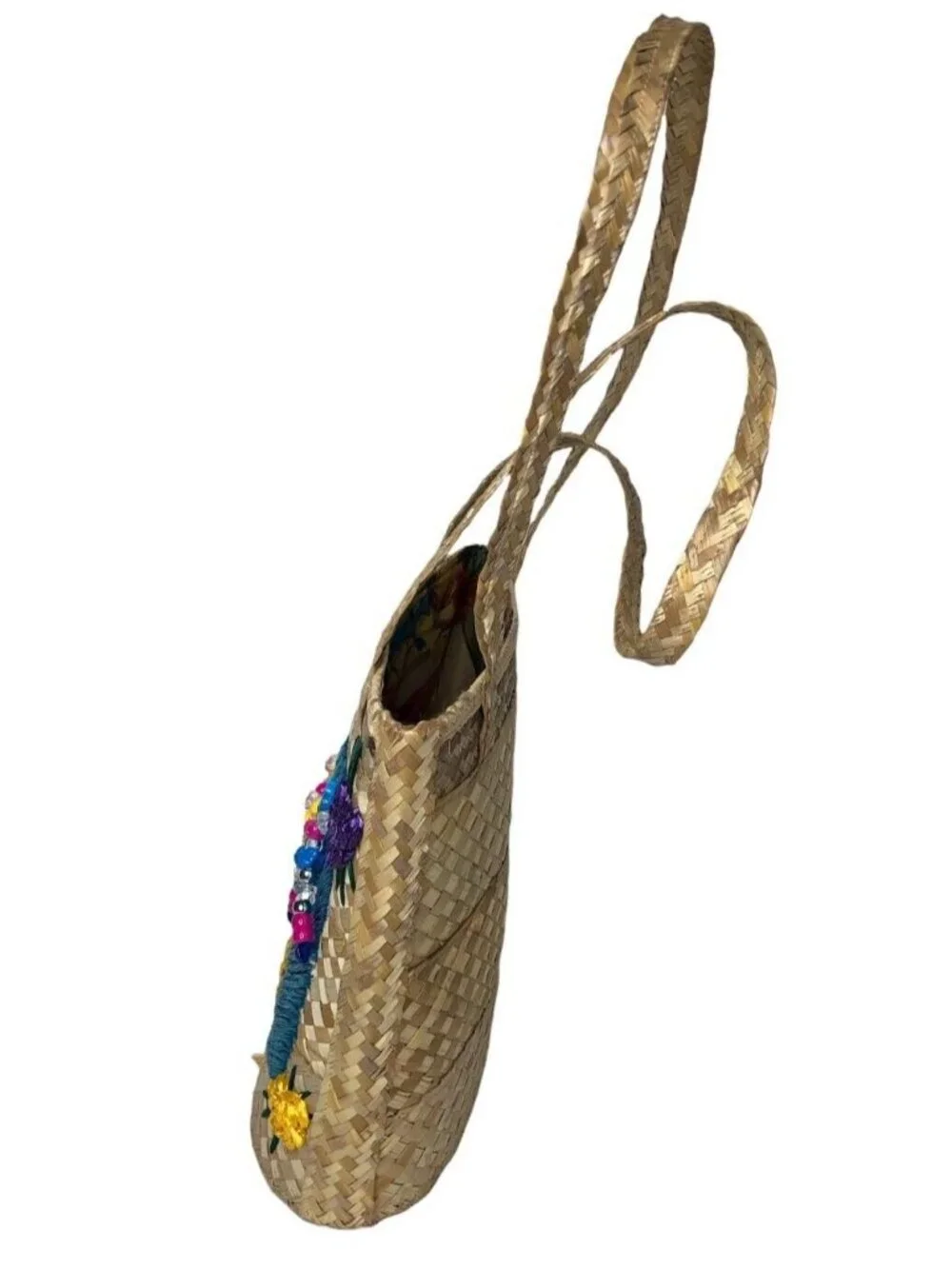 Bahamas Handwoven Straw Tote Bag Purse Floral Flip Flops Beads Lined Cruise Vtg